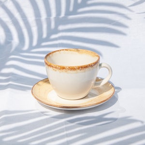 May include: A white ceramic coffee cup with a brown rim and a matching saucer. The cup and saucer are sitting on a white surface with a shadow of a palm leaf.