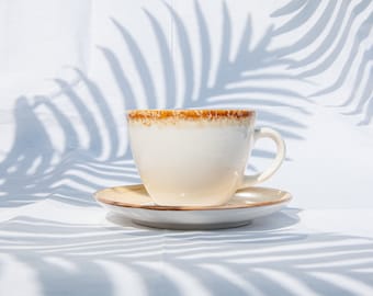 Handmade Porcelain Tea Cup with Saucer: Ombre Glaze Ceramic Coffee Cups in White