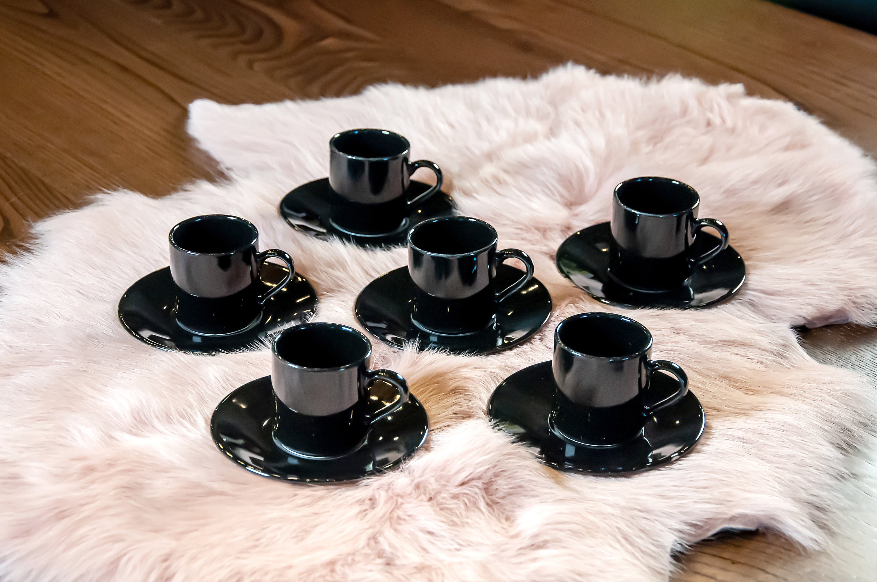 6x Porcelain Espresso Cups and Saucers Set, Turkish Coffee Cup Set,  Macchiato Cup, Porcelain Espresso Cup Set, Black Color Coffee Set, 65cc 