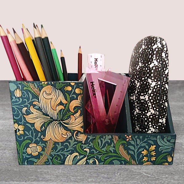 Wooden desk organizer, William Morris design desk tidy, Desk storage, Office organizer, Office gift