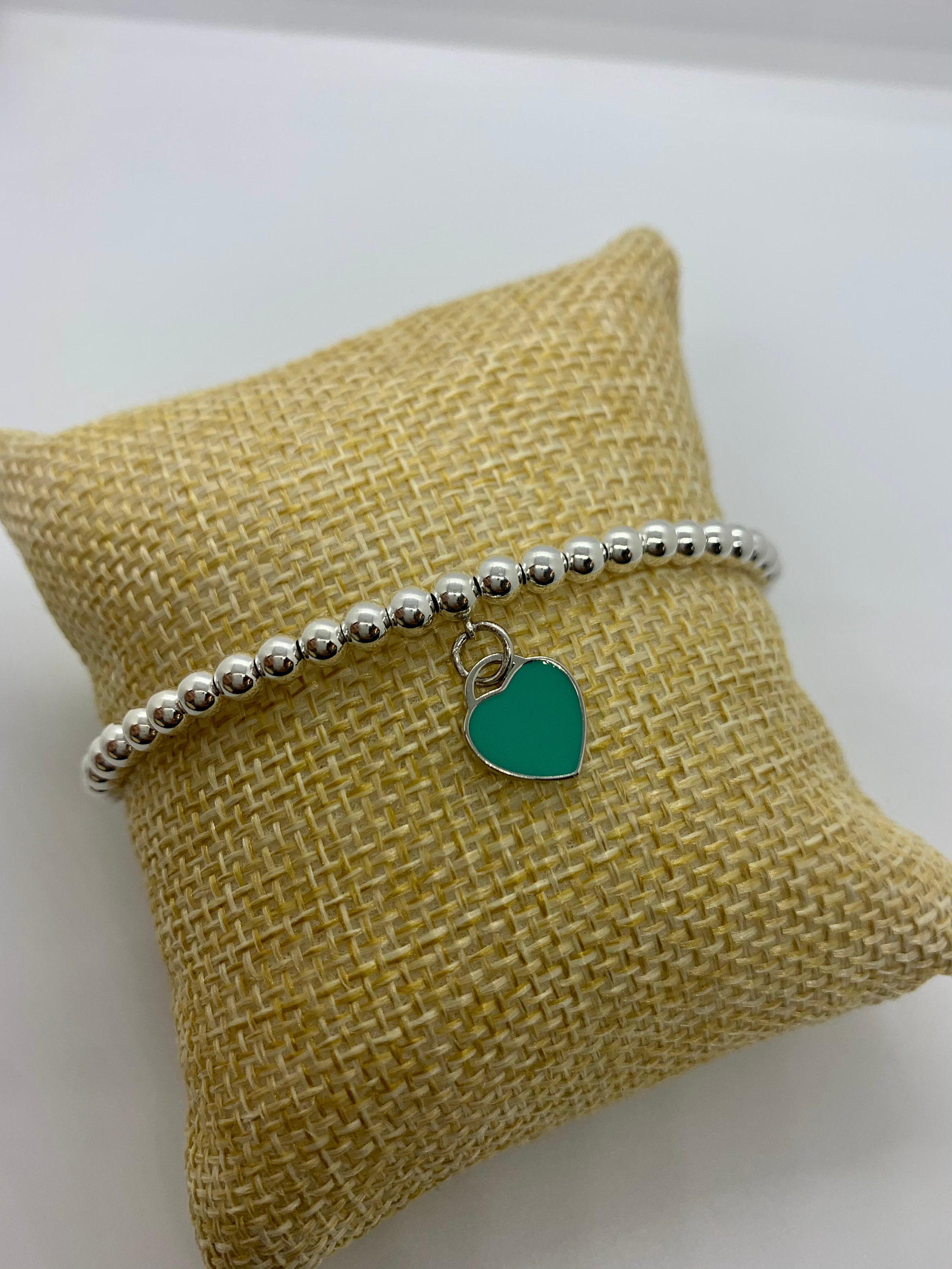 Sterling silver bead bracelet with enamel heart charm Etsy