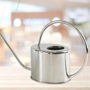 May include: A shiny, silver-colored watering can with a long, slender spout and a curved handle. The watering can is made of metal and has a cylindrical body. It is designed for watering plants and gardening.