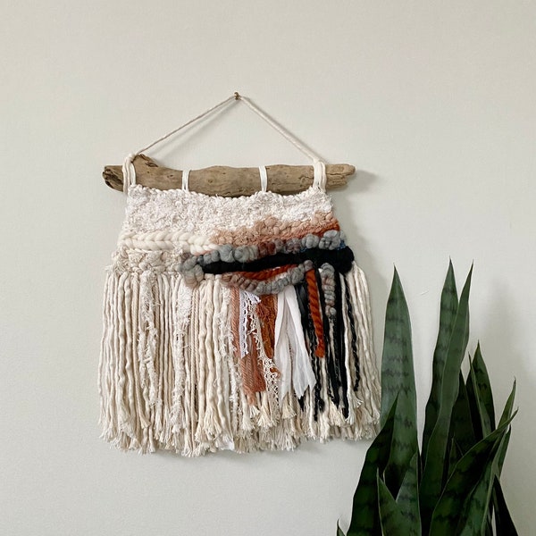 Small Textured Woven Wall Hanging | Fiber Art | Woven Wall Tapestry | Boho | Faux Leather Lace Velvet | Ivory Black Rust Pink Woven Hanging