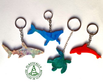 Ocean keyrings, 100% recycled plastic. Turtle, dolphin, whale, shark