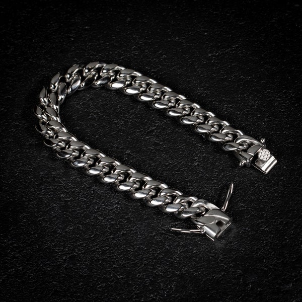 Men's Heavy White Gold Plated Stainless Steel Miami Cuban Link Chain Bracelet