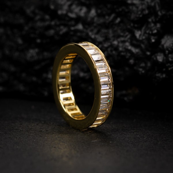 Hip Hop Men's Iced Channel Set Cz Baguette 14K Gold Plated Eternity Band Ring