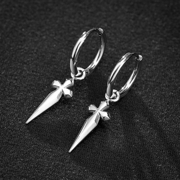 Men's Solid Sterling Silver Dagger Hanging Dangle Cross Hoop Earrings