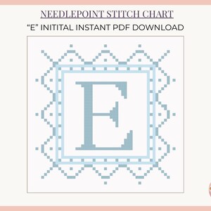 Puede incluir: Gráfico de punto de cruz con la letra "E" en azul claro. La inicial está dentro de un marco cuadrado con un borde decorativo. El texto "E Initial Instant PDF Download" está en la parte superior.