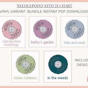 Könnte beinhalten: Ein digitales Kreuzstich-Diagramm-Bundle mit fünf Vinyl-Schallplatten-Designs in Rosa, Lila, Blau, Grün und Türkis. Jede Schallplatte hat einen einzigartigen Titel, darunter "clandestine meetings" und "in the weeds". Der Text "INCLUDES 5 DESIGNS" ist ebenfalls vorhanden.