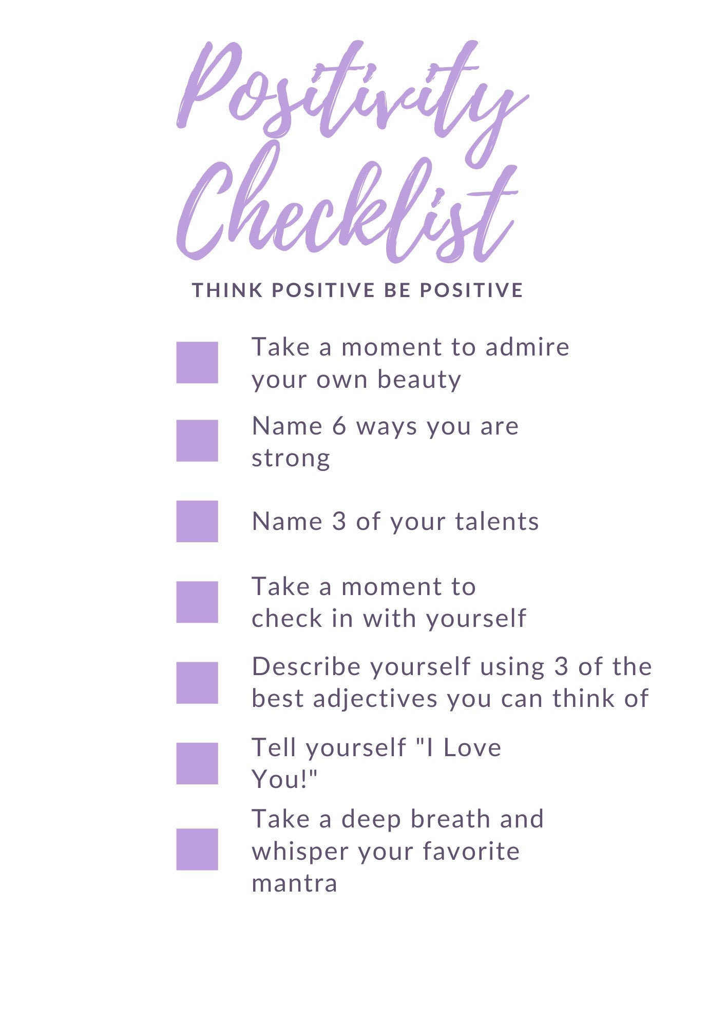 Positivity Checklist Printable Worksheet Mental Health Etsy UK