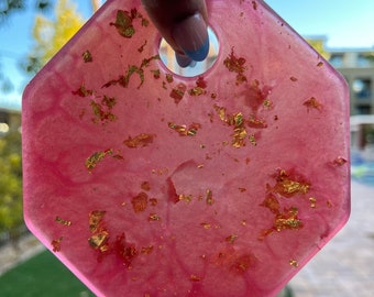 Pink Resin Octagon Makeup Mixing Palette/ Pink with Gold Flakes Resin Mixing Palette for Makeup and Nails
