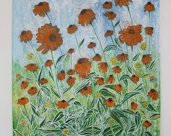 Orange Flower Patch | Mixed Media Art | Floral Art | Original Painting | Canvas Art