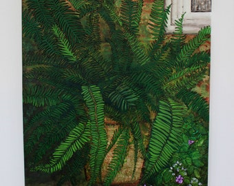 Potted Fern | Mixed Media Art | Garden Art | Original Painting | Canvas Art