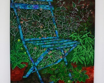 Blue Garden Chair | Mixed Media Art | Original Artwork | Canvas Art | Floral Art