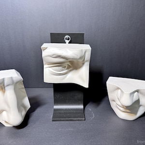 May include: Three off-white sculptural plaster casts featuring anatomical facial details. One piece depicts an eye, one a nose, and one a mouth. The eye sculpture is mounted on a black metal stand, while the nose and mouth pieces are free-standing.
