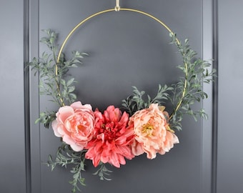 Floral Hoop Wreath, Pink Peony Dahlia, Nursery Decor