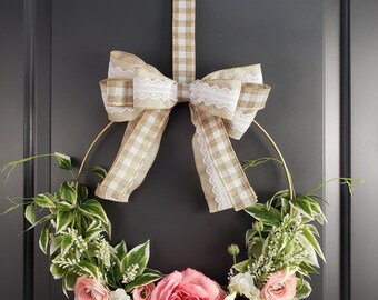 Cream Check & Lace Wreath Bow, French Country Decor