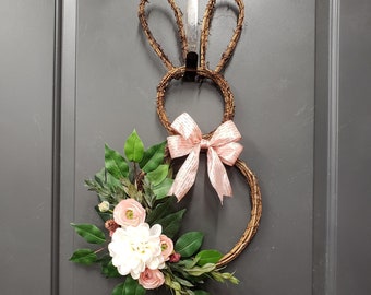 Pastel Easter Bunny Wreath, Pink Floral Rabbit Decor