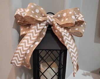 Burlap Wreath Bow, White Polka Dot and Zig Zag Ribbon