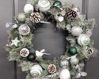 Pre-lit Frosted Ornament Wreath, Silver Green Holiday Decor