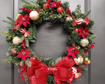 Red Poinsettia Christmas Wreath, Gold Ornaments, Pre-lit Holiday Decor