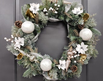 Frosted Holiday Wreath, Silver and Gold Poinsettia, Pre-lit Wreath