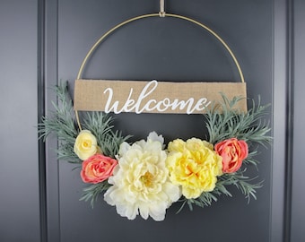 Peony Hoop Wreath, Yellow and White Floral, Rosemary Greenery