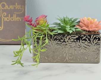 Artificial Succulent Arrangement, Gray Ceramic Vase, Desk Decor