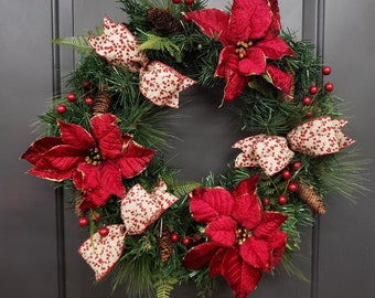 Pre-lit Red Poinsettia Christmas Wreath, Berries, Pinecones