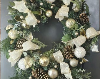 Gold Ornament Pre-lit Christmas Wreath, 30 Inch Holiday Decor