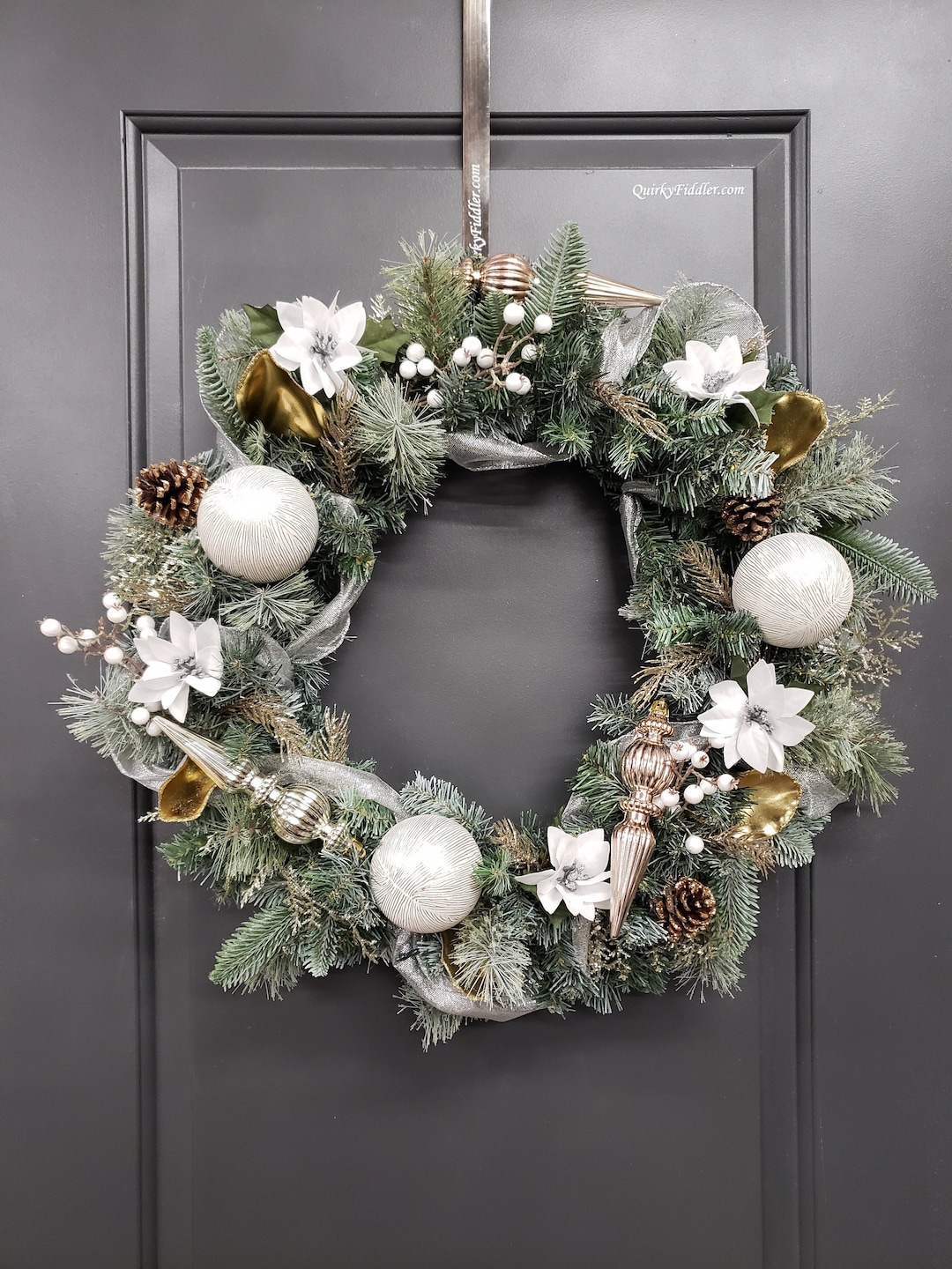 Frosted Silver and Gold Wreath, White Poinsettia and Berry Prelit