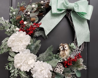 Red Berry Christmas Owl Wreath, Flocked White Flower, 18in Grapevine Base