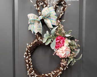 Peony Easter Bunny Wreath, Pink Rabbit Decor