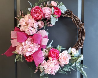 Pink Hydrangea Grapevine Wreath, Burlap Bow, Spring Decor