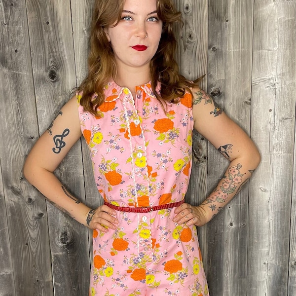 VINTAGE 1960s Floral Romper Playsuit / Mod / Pin Up / Summer / Jumper / Pink / Go-Go / Barkcloth / Rockabilly / Hand Made / True Vintage