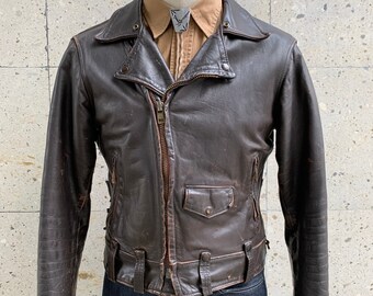Vintage Lesco Leathers Brown Leather Motorcycle Jacket Sz 42
