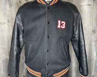 Giacca da college vintage anni '70 dello Squadrone Pantera Nera / Maniche in pelle / Militare / Esercito / Punto catenella / Squadrone / Gatto