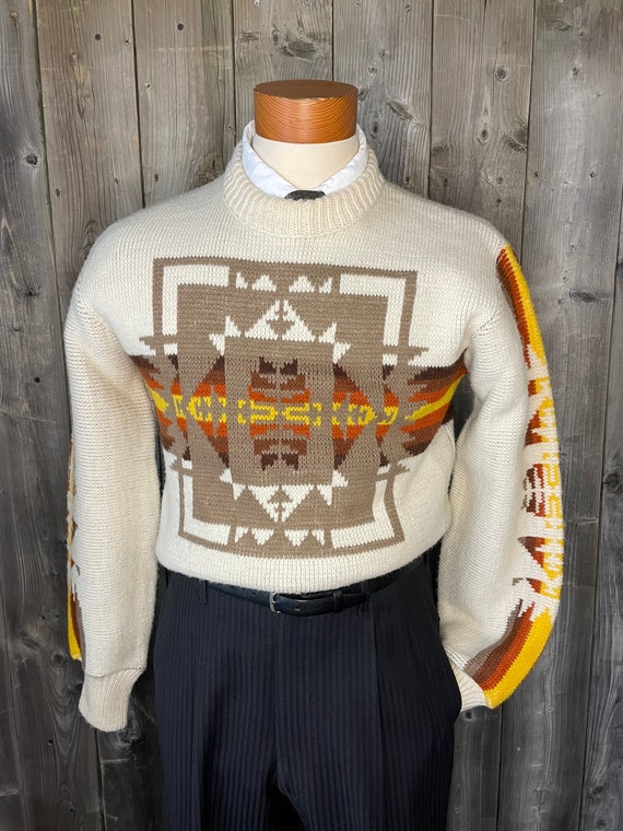 VINTAGE 1970s JCPenney Sweater Navajo Pattern / N… - image 1