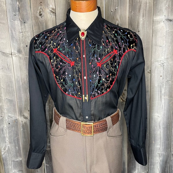 VINTAGE 1970s Rockmount Western Embroidery Long Sleeve Shirt / Cowboy / Rainbow / Rodeo / Texas / Mens Ranch Wear / Deadstock / True Vintage