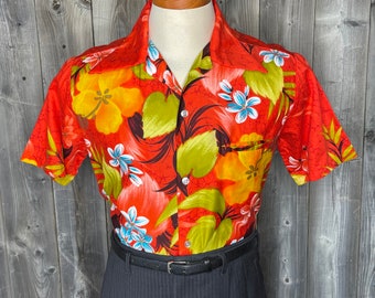 Vintage 1970s Reef Hawaiian Shirt Floral Aloha Tiki / Made in Hawaii / Rockabilly / Hibiscus / True Vintage