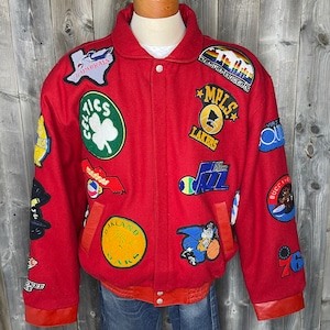 VINTAGE 1990s Jeff Hamilton NBA Collage Bomber Jacket / Leather Trim / Rare Collectors / Streetwear / Basketball / USA Designer / Deadstock
