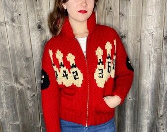 VINTAGE 1950s Bowling Cowichan Mary Maxim Sweater / Northland Fall / Curling Sweater / Rockabilly / Winter Cardigan / Pin Up / True Vintage