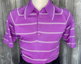 VINTAGE 1960s Donegal Coleseta Purple Striped Polo Shirt / Sportswear / Rockabilly / Casual / Preppy / Menswear / Knit Shirt / True Vintage