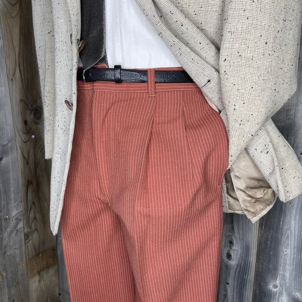 VINTAGE 1980er Jahre Gestreifte Anzughose / Lässig / Slacks / Hoch tailliert / Sommer / 40er-50er Jahre Stil / Rockabilly / Maßgeschneidert / Deadstock