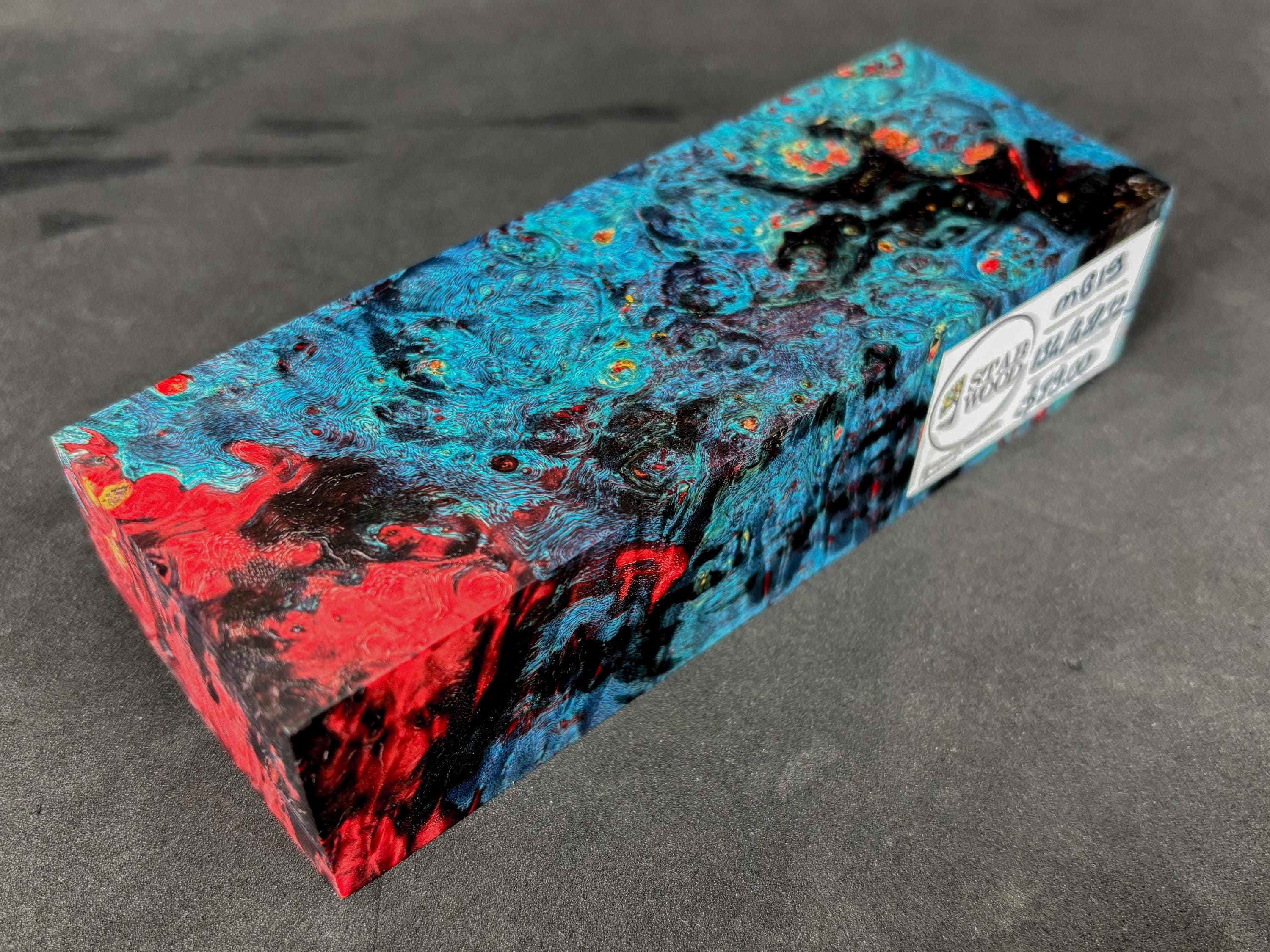 Stabilized Maple Burl Block with Fire Red, Turquoise & Electric Blue — Premium Knife Handle Material (134x48x32 mm)