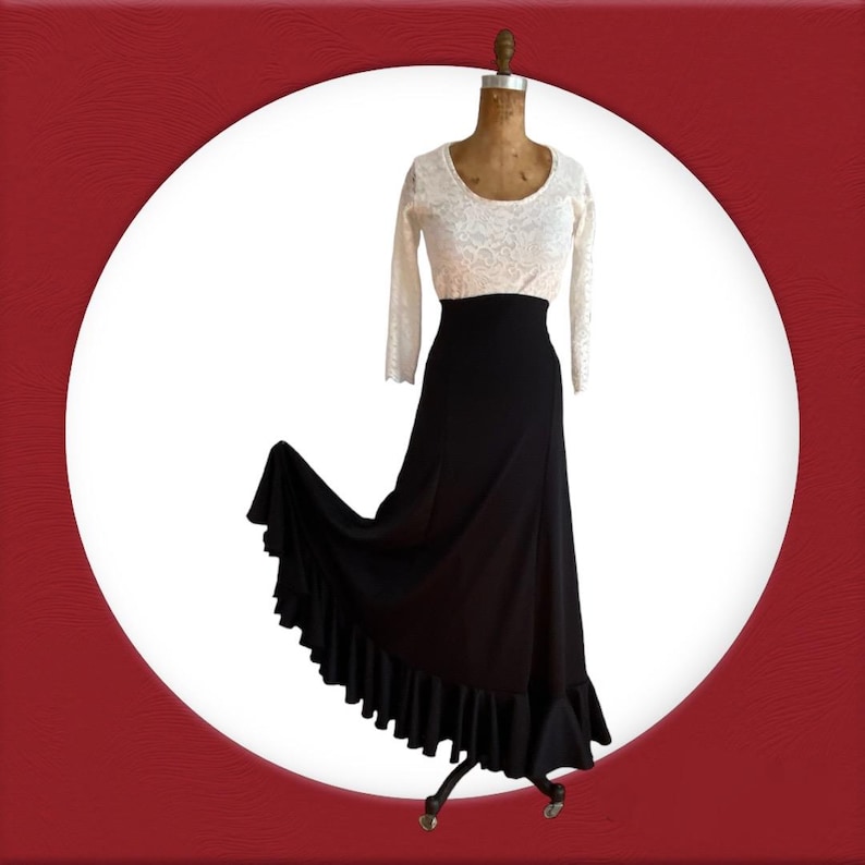 Black Wide Long Flamenco Skirt With One Ruffle Etsy