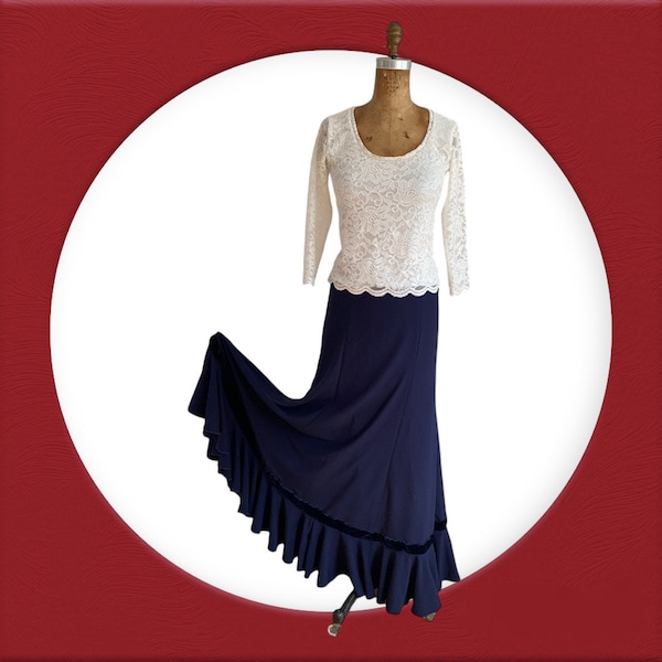 Flamenco skirt in dark blue with velvet accent band