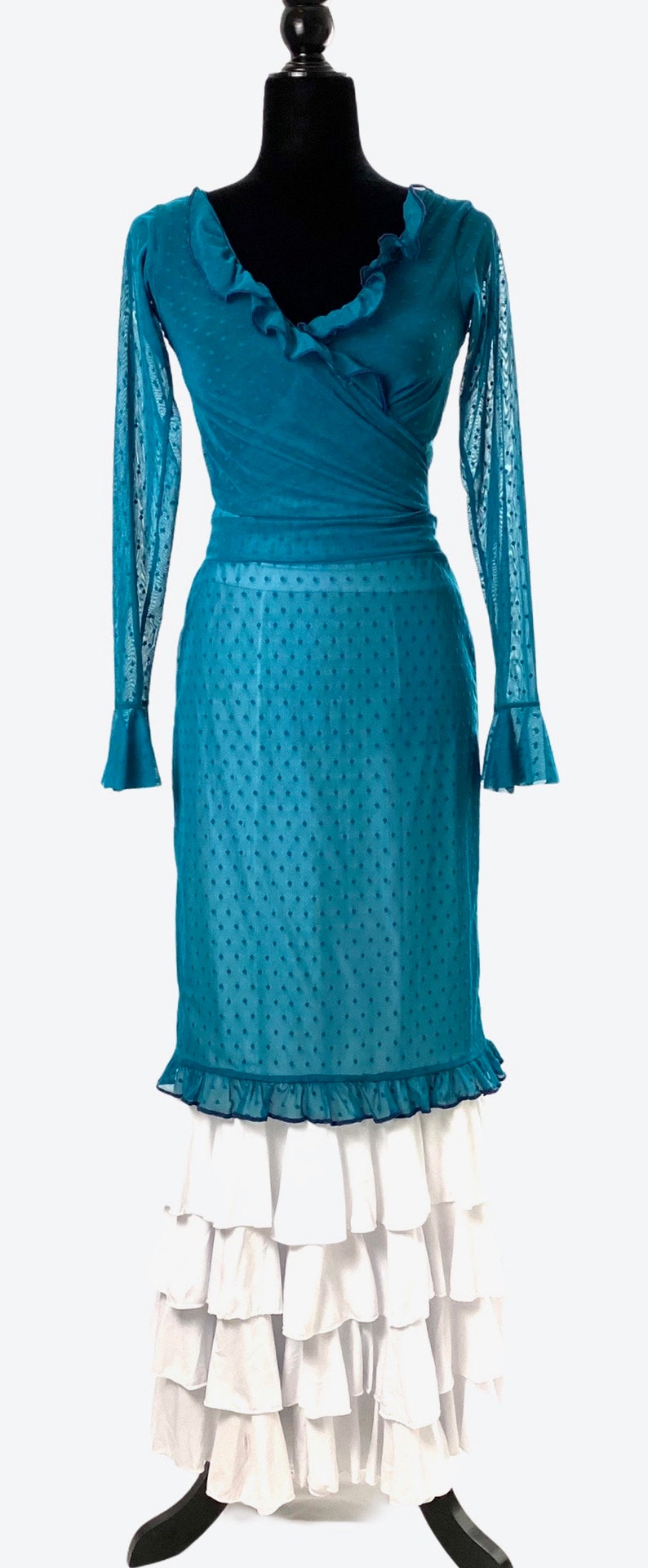 transparent turquoise Lace skirt for wearing over of a flamenco skirt polka dots