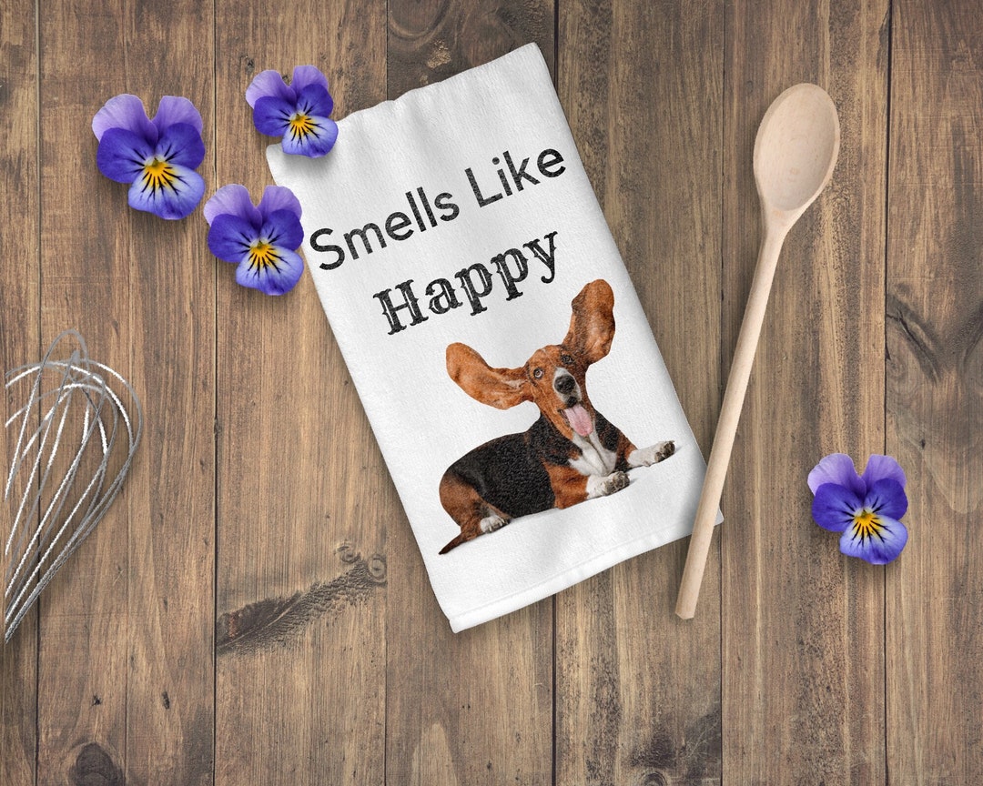 Smells Like Happy, Basset Hound Dog Kitchen Towel, Fun Towel, Kitchen