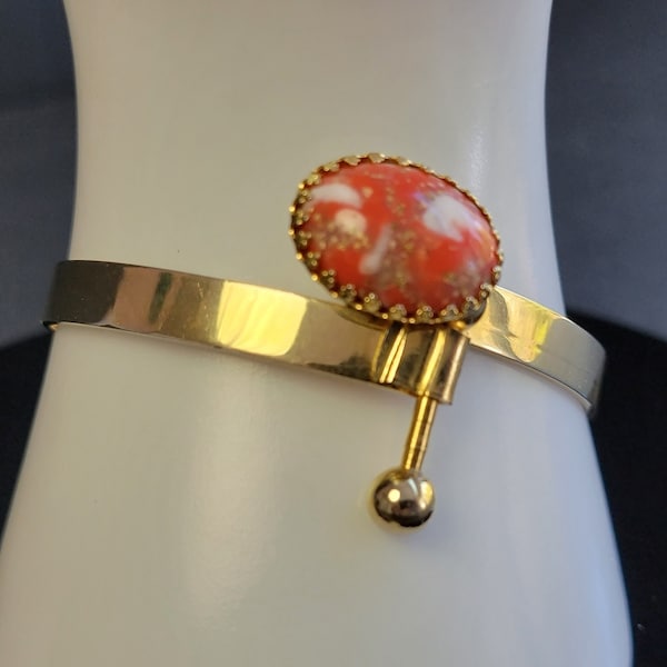 Gold tone gem cuff bracelet,hinge bangle bracelet, orange coral bracelet